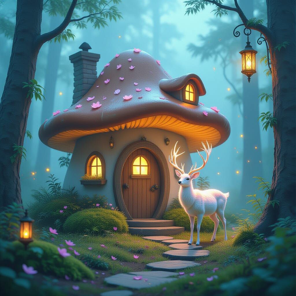 Bioluminescent Mushroom Cottage with Luminous Deer