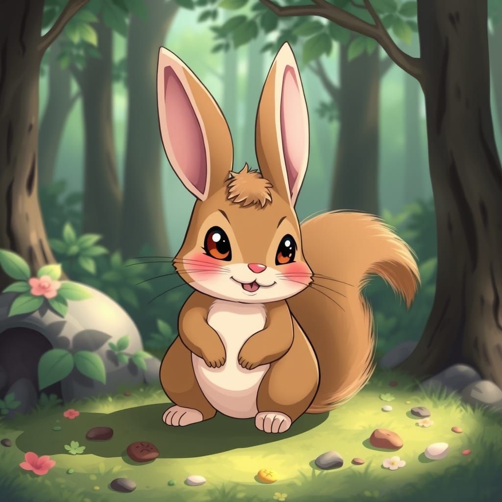 Cute Anime Rabbit Squirrel Hybrid in Forest