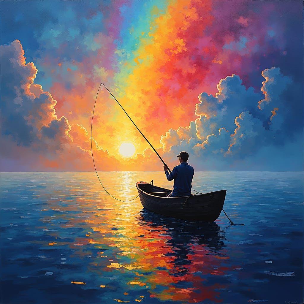 Pointillist Rainbow Fisherman at Sea