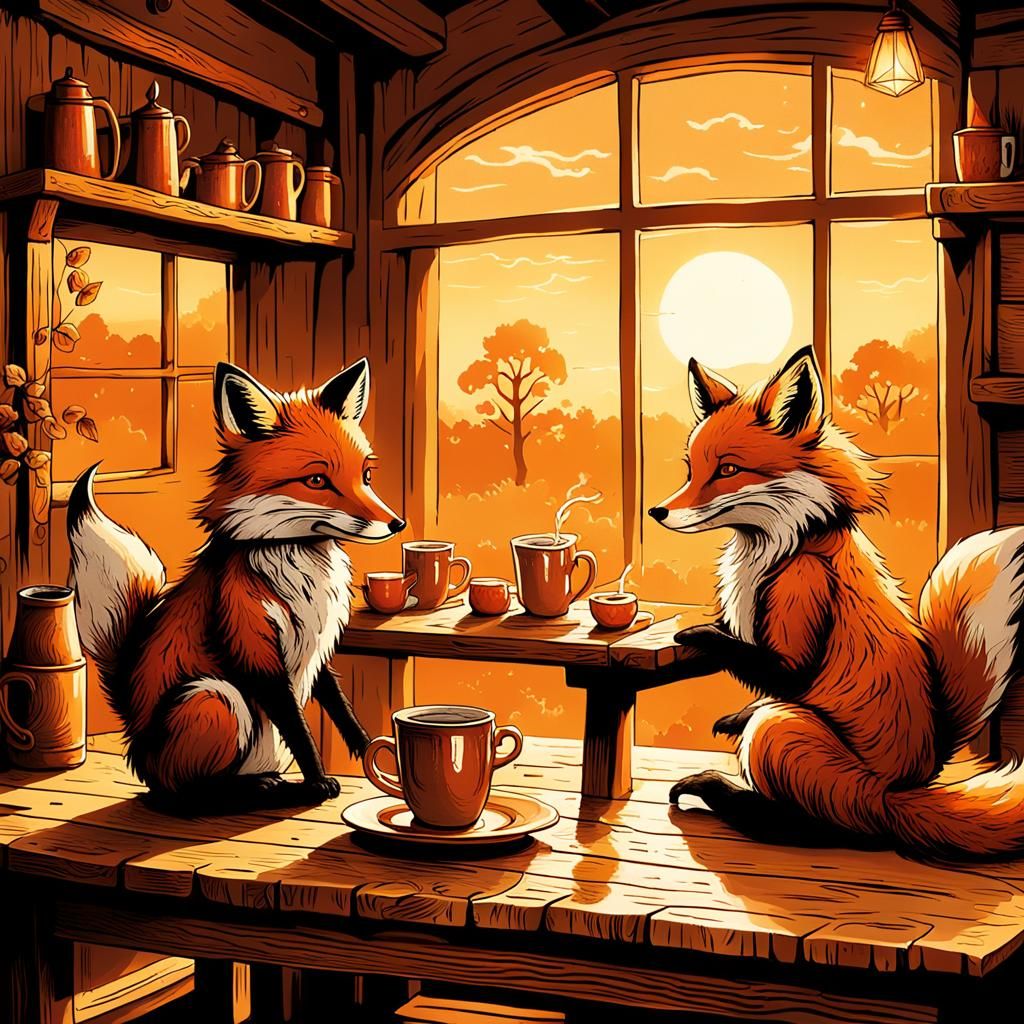 Foxes Sharing Cider: A Whimsical Folk Art Illustration