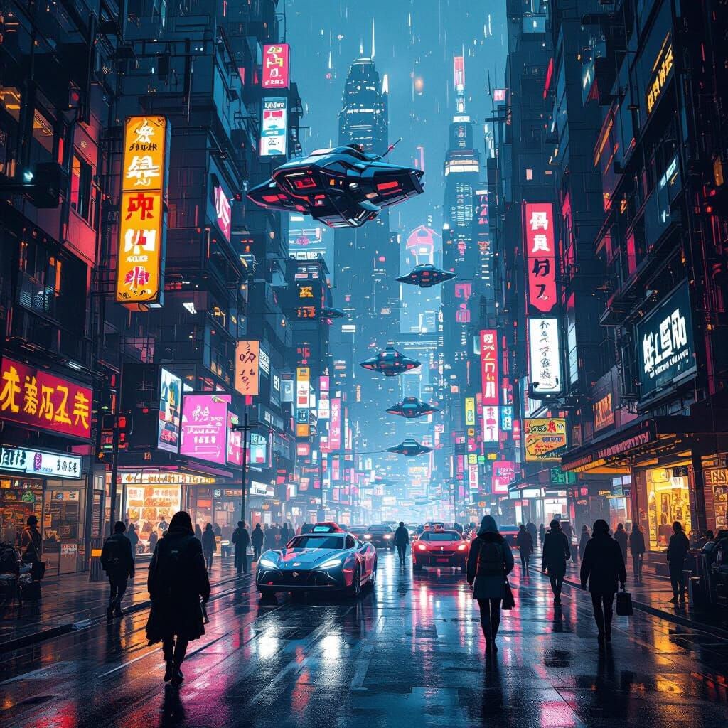 Retro-Futuristic Cyberpunk City Street at Night
