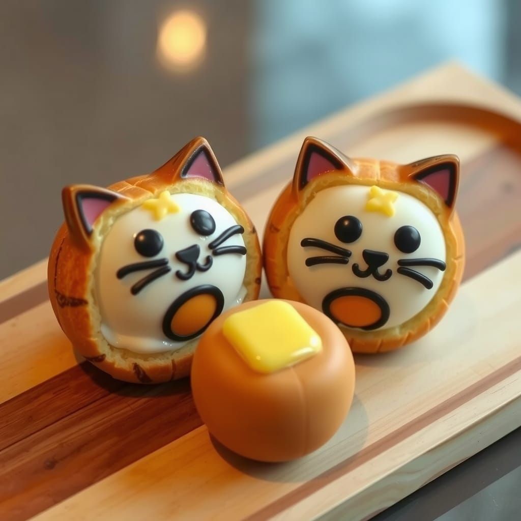 Cat-Shaped Cream Desserts on Wooden Tray
