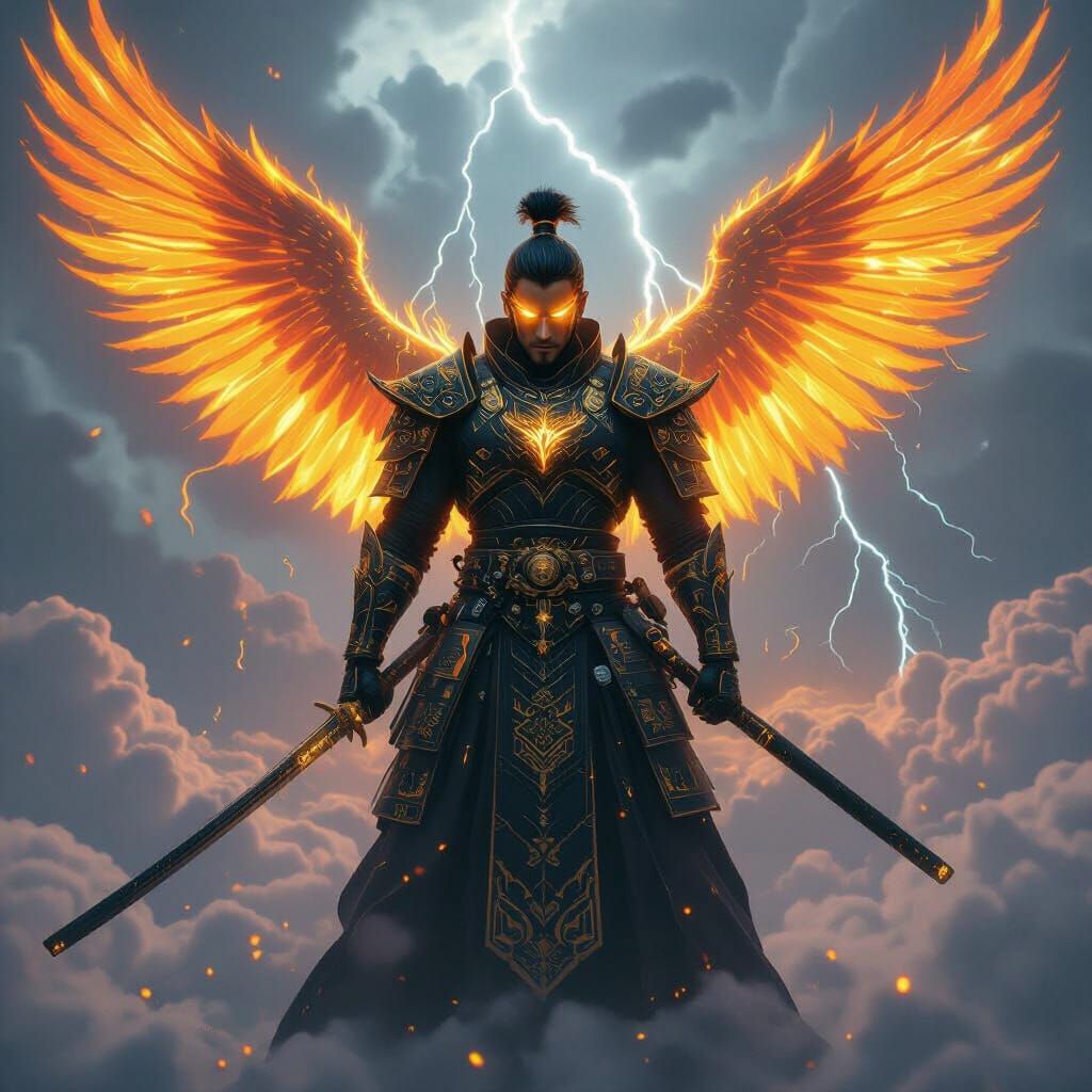 Cyber Samurai Warrior with Fiery Phoenix Wings