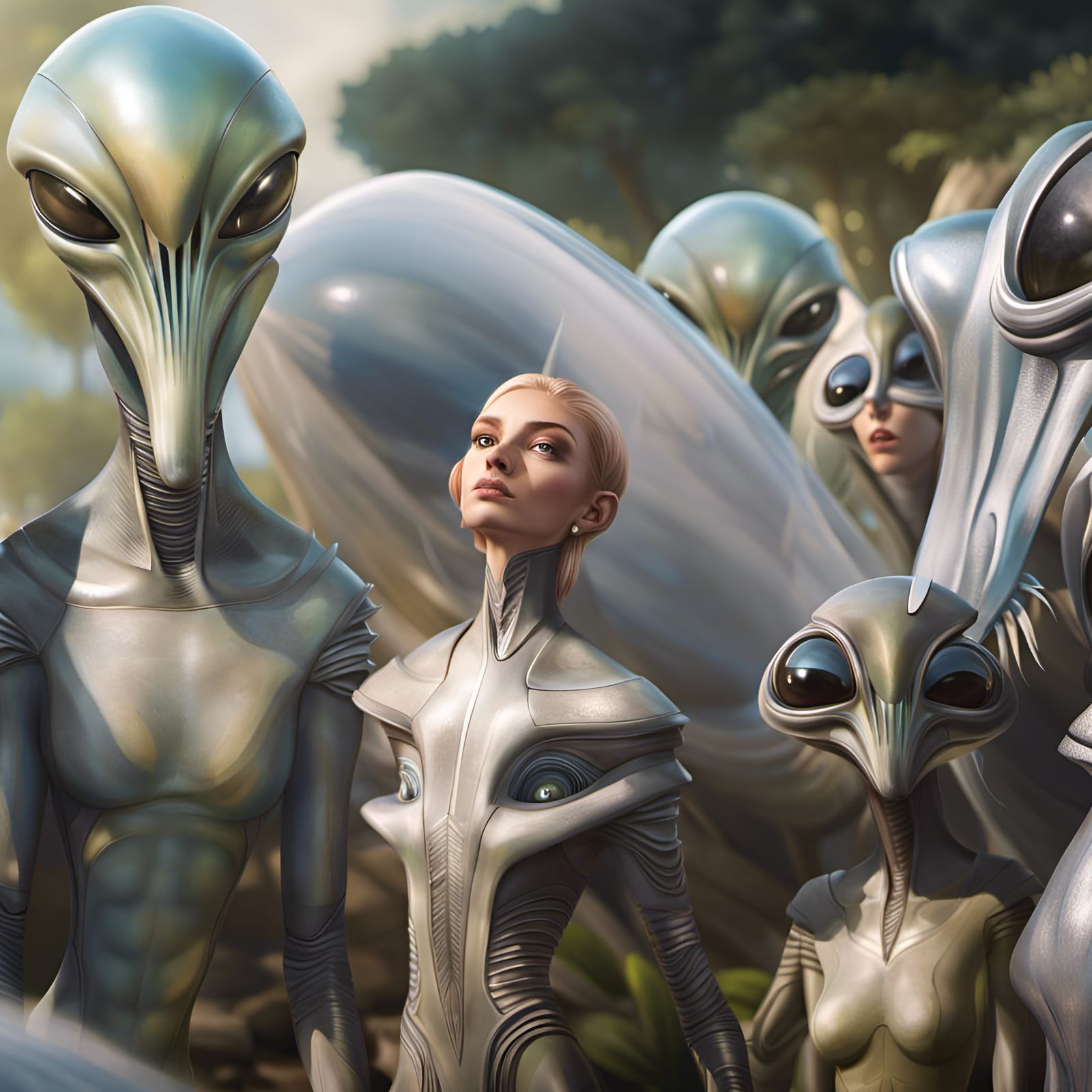 Alien Cartoon Characters in Surreal Landscape