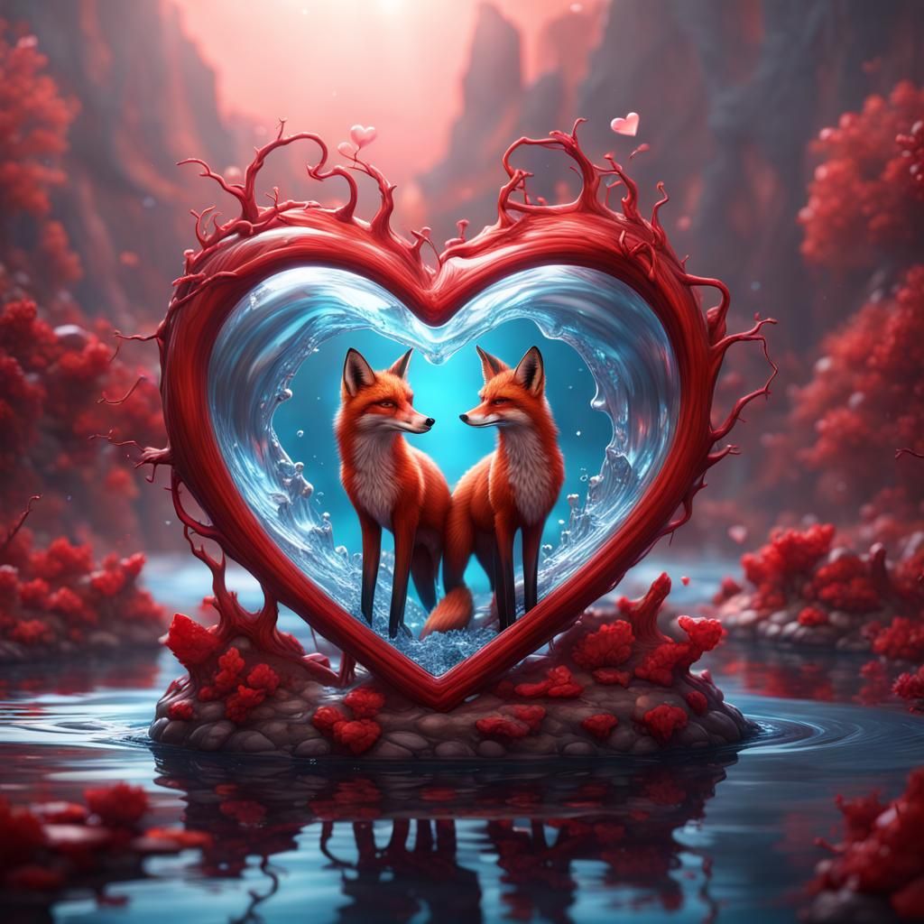 Heart Glass Red Foxes in Detailed Matte Painting