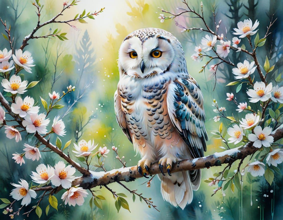 Ethereal Snow Owl Amidst Vibrant Floral Bloom in Watercolor