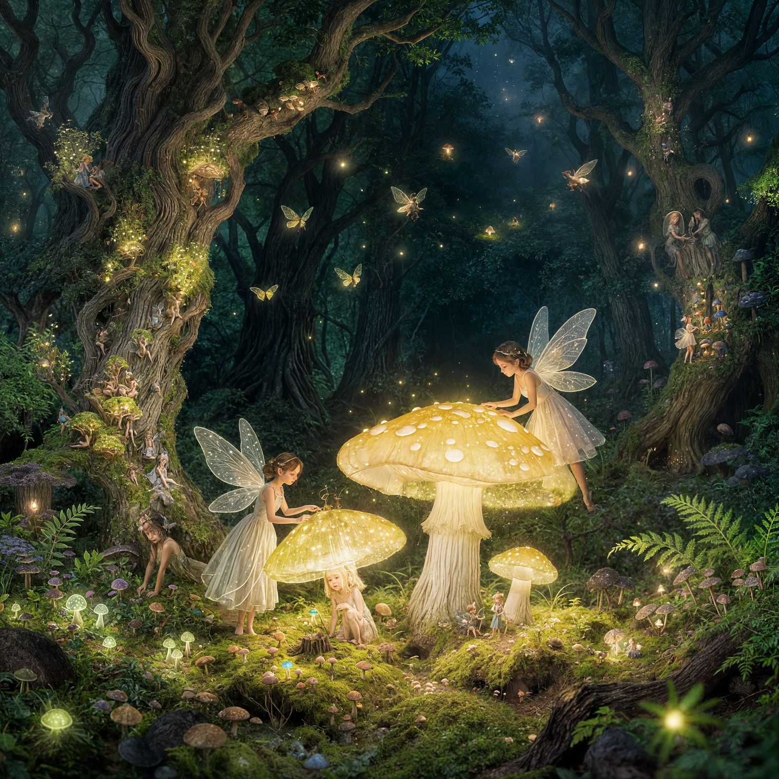 Whimsical Fairies Tend Glowing Mushrooms in Enchanted Forest