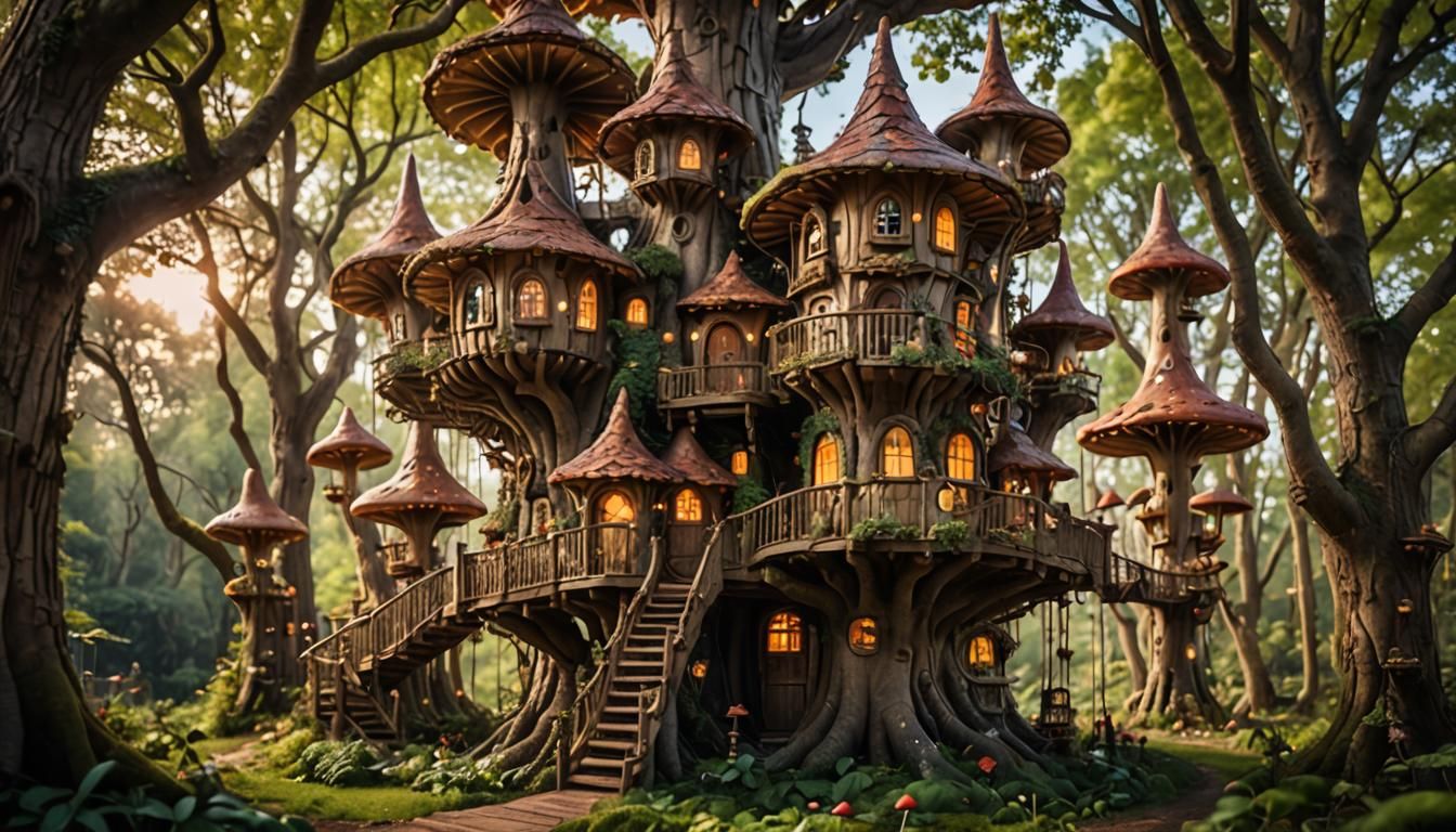 Enchanted Treehouse in Mushroom Forest, Professional Photogr...