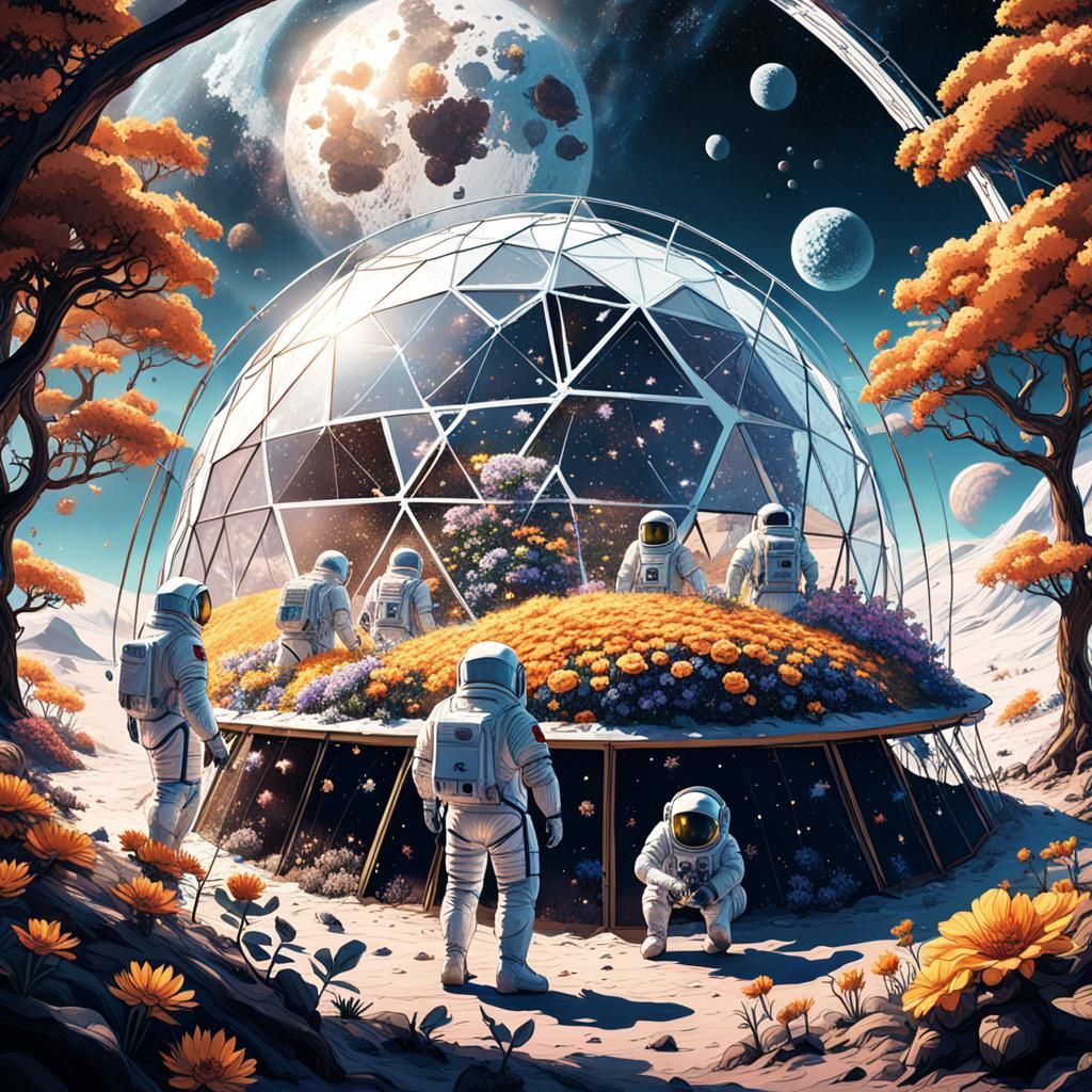 Three men in spacesuits tending to the flowers in a geodesic...