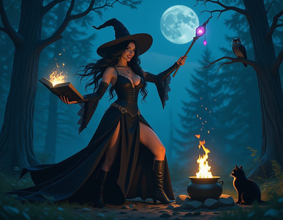 Enchanting Witch Casting Spell in Forest Clearing