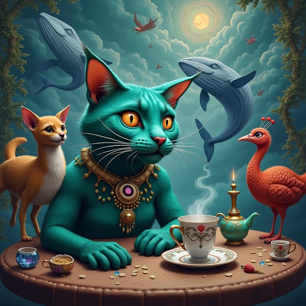 Dreamlike Surrealist Scene of Regal Woman as Cheshire Cat wi...