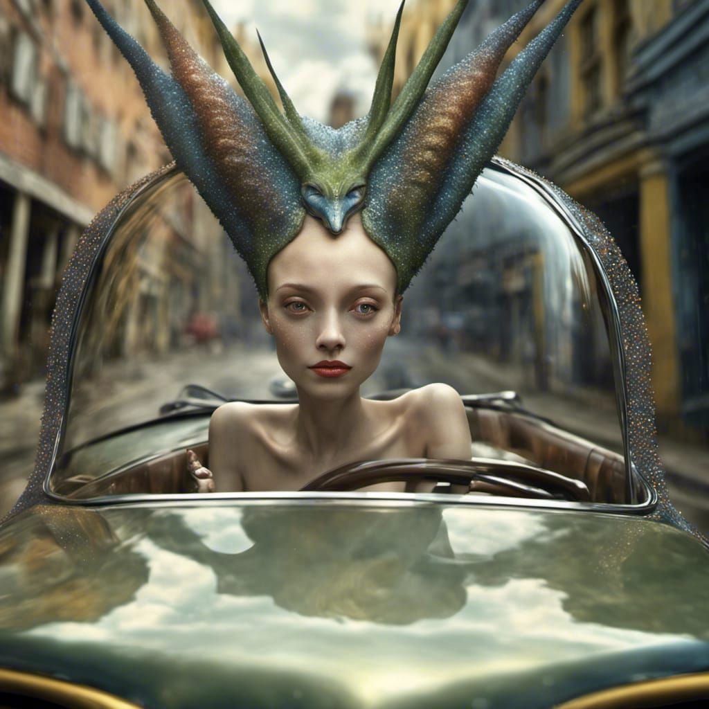 Smiling Aliens Drive Exquisite Car in Surreal Style