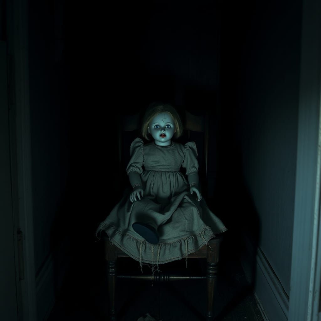 Eerie Doll with Glowing Eyes in Haunted Room