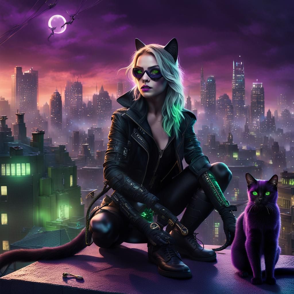 Black Cat on Gotham Rooftop in Dark Fantasy Style