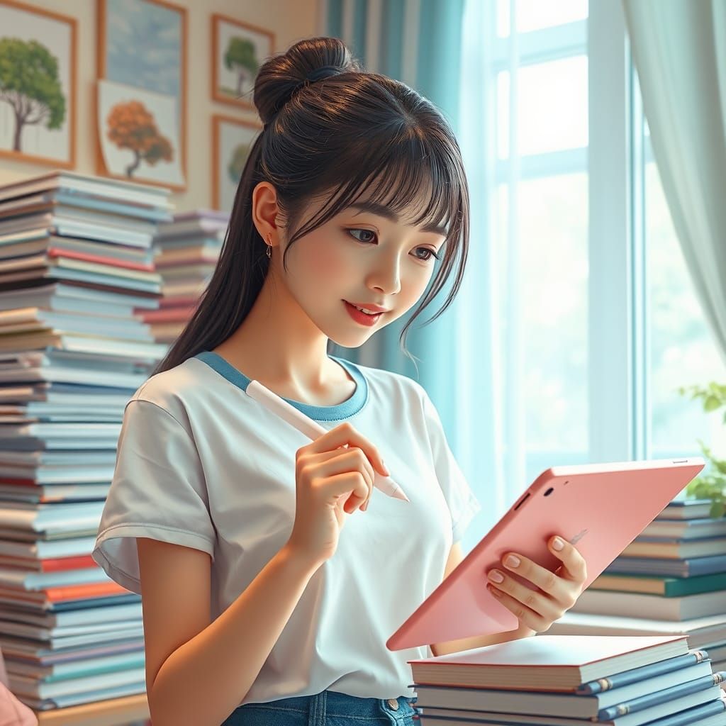 Asian Woman Writes on Tablet: Anime-Inspired 3D Art