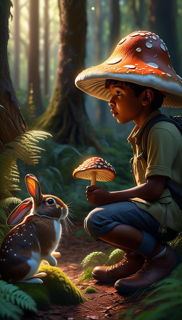 Brown-Skinned Boy in Whimsical Forest, Talking to Rabbit Fri...