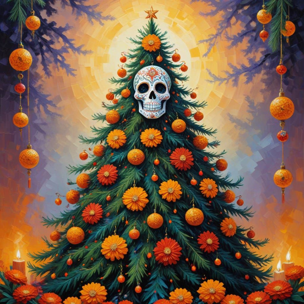Day of the Dead Christmas Tree Oil Painting