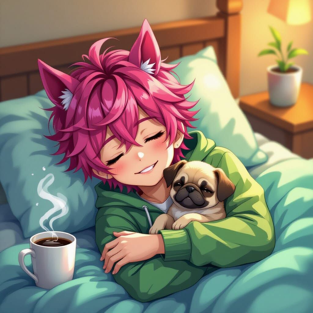 Mystical Anime Boy with Pink Hair and Horse Ears in Autumn L...