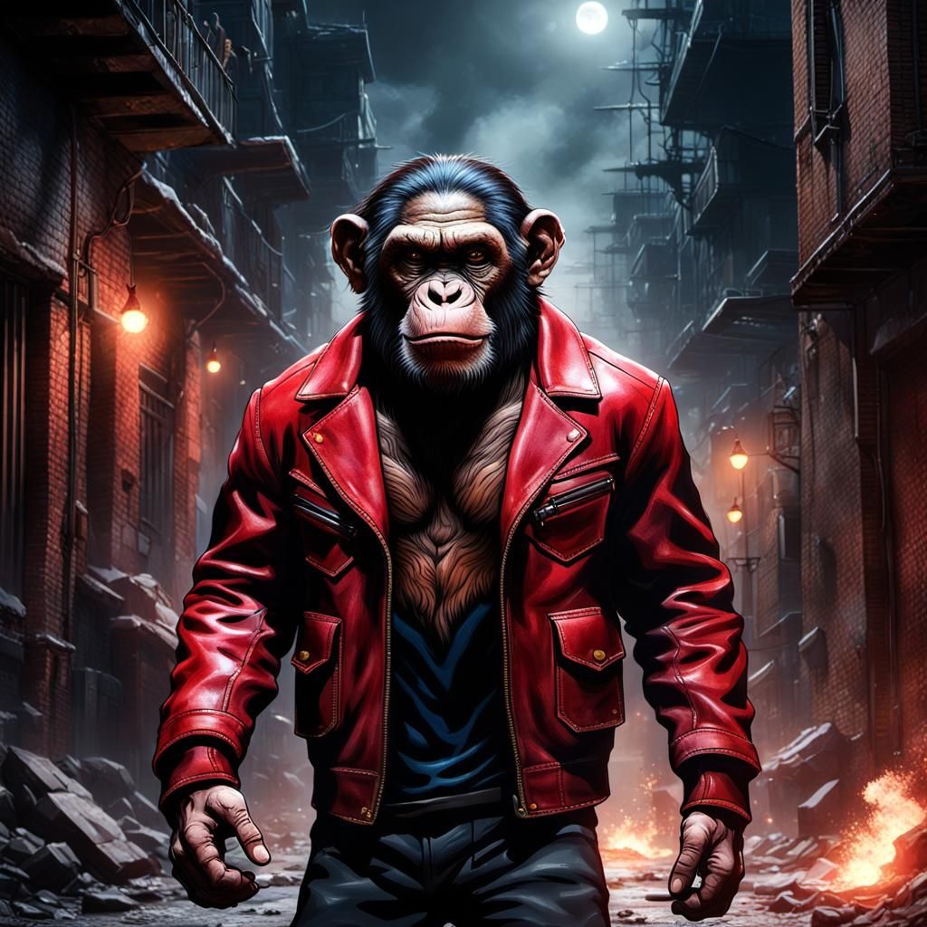 Muscular Chimp Rides from Explosion, Dark Fantasy Art