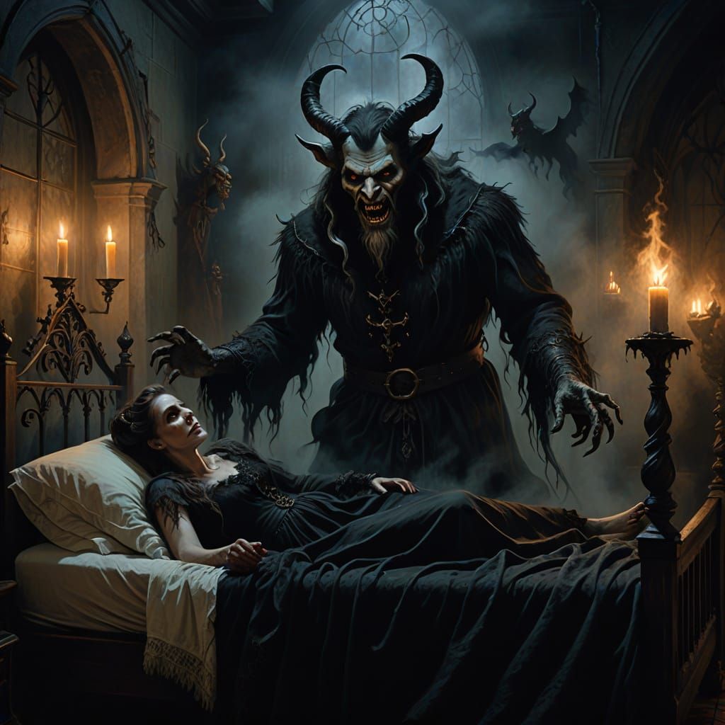 Eerie Krampus Reaching for Ghostly Woman in Dark Fantasy Art