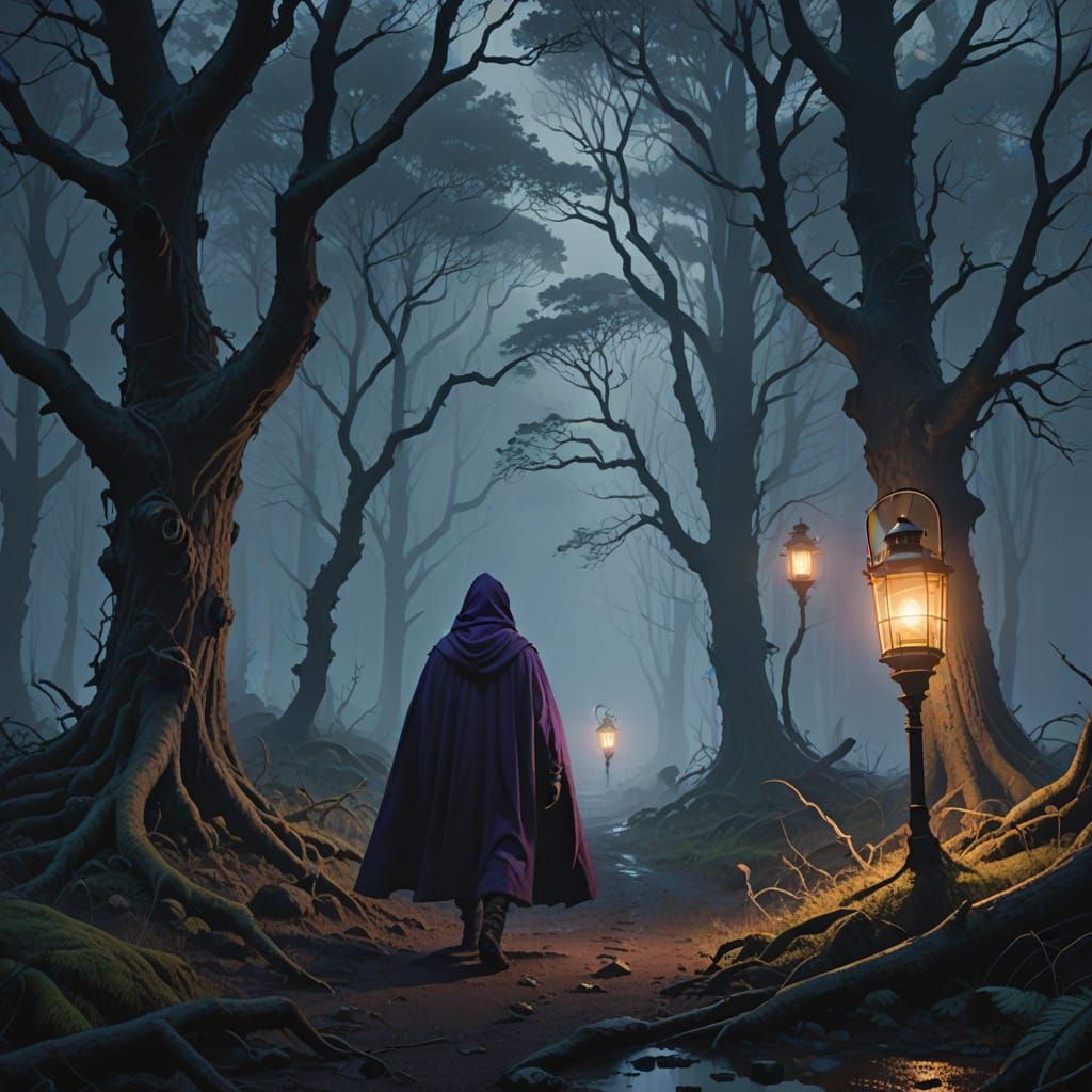 Man Emerges from Mystical Twilight with Lantern in Hand
