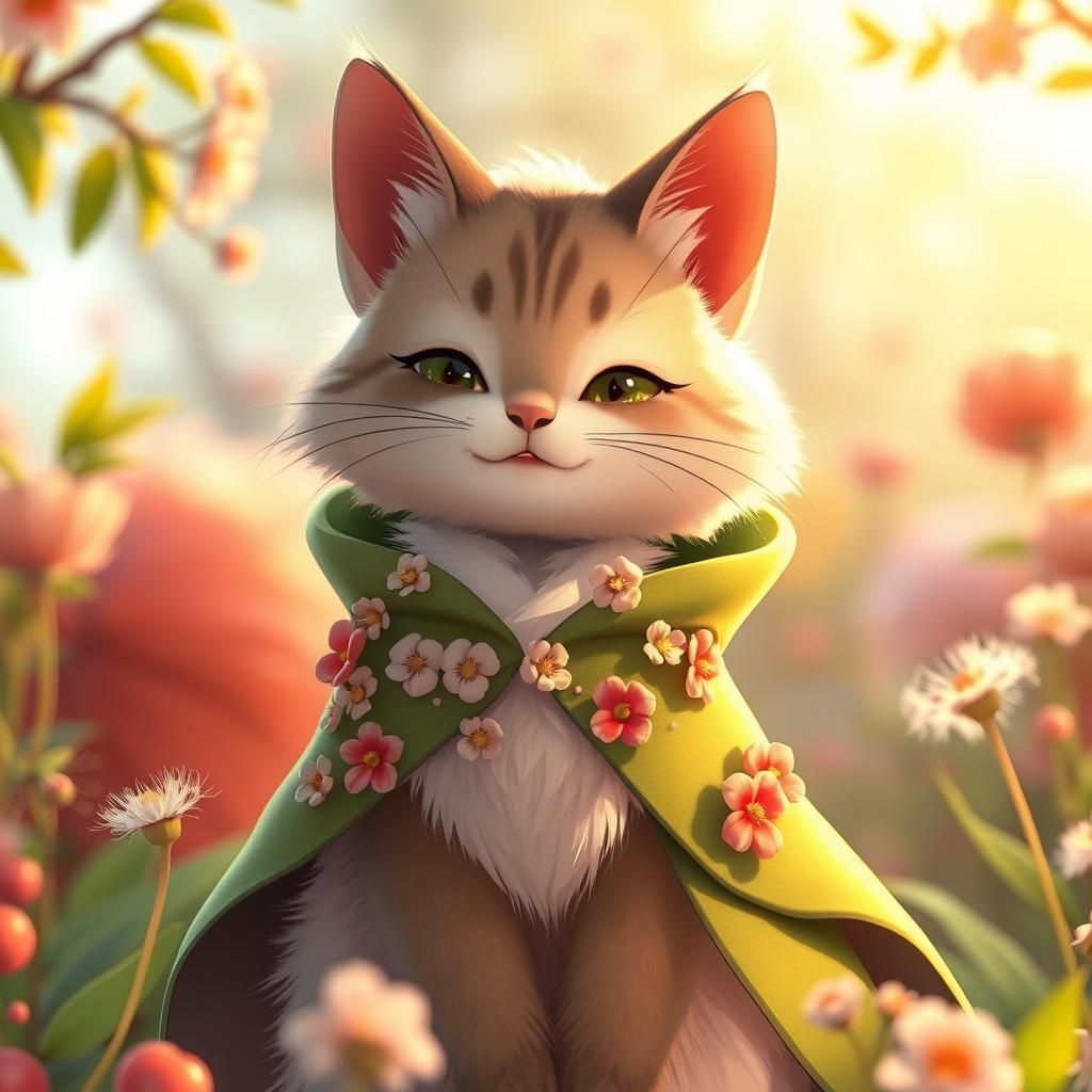 Anthropomorphic Cat with Apple Blossoms in 3D Anime Style