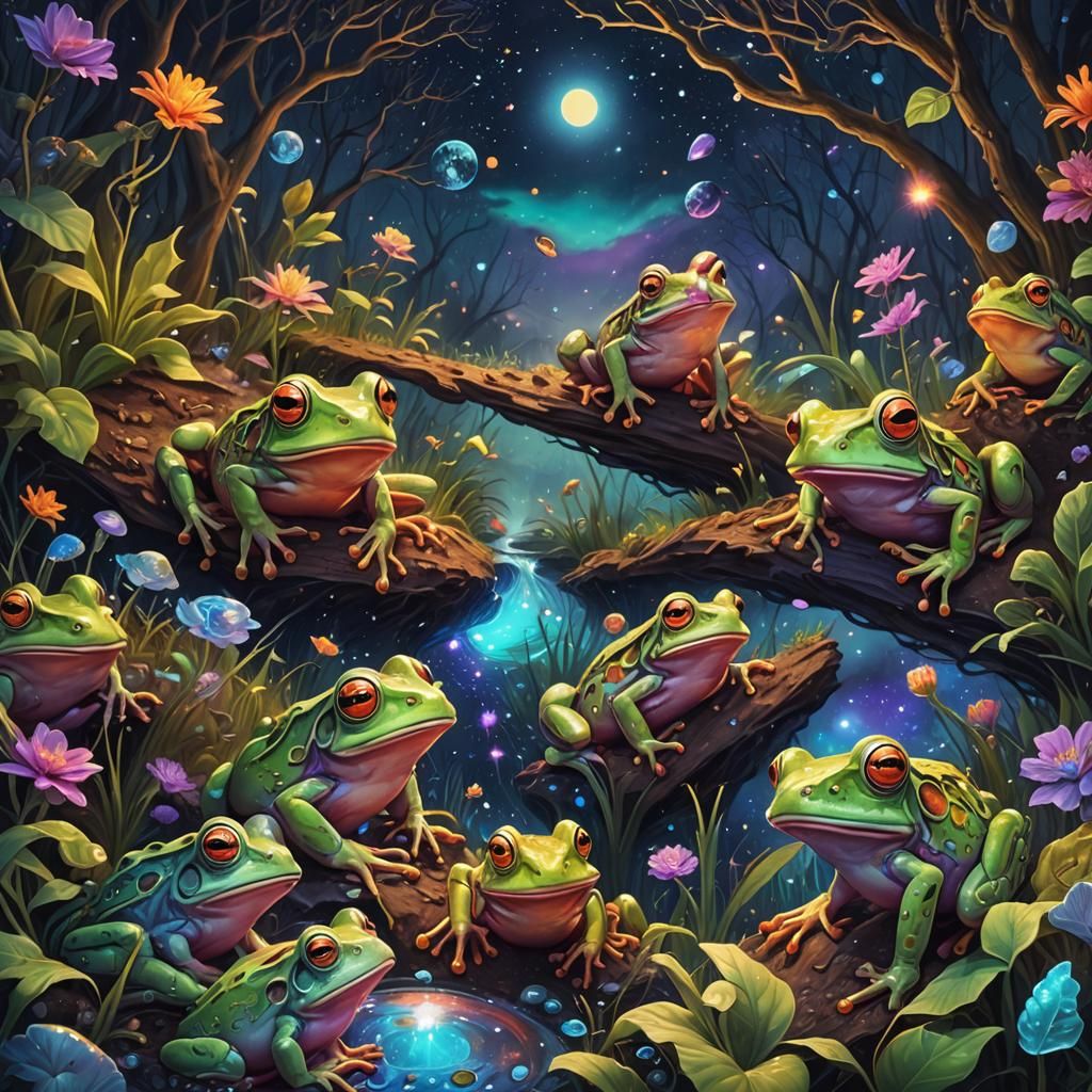 Frogs Screaming in Ditch: Astral Cosmic Illustration