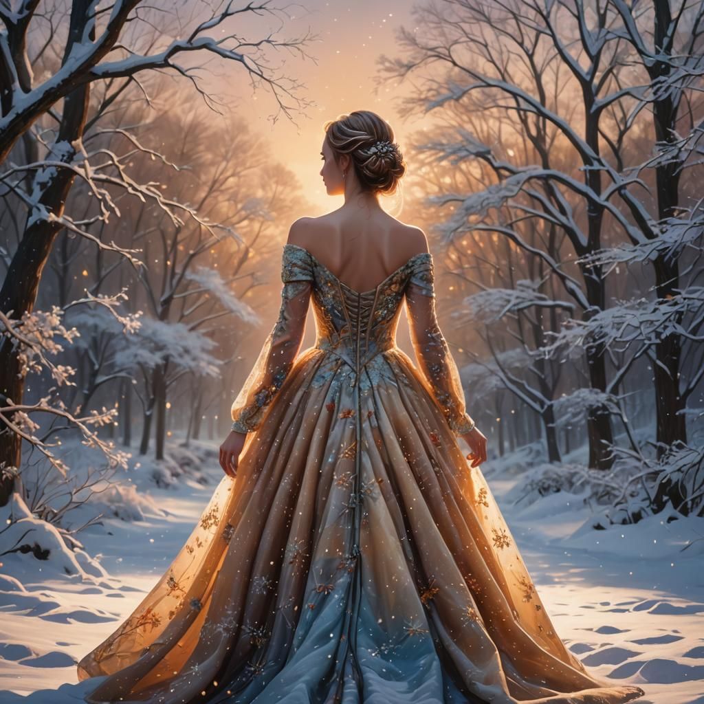 Snowy Girl in Gown: Oil Painting Concept Art