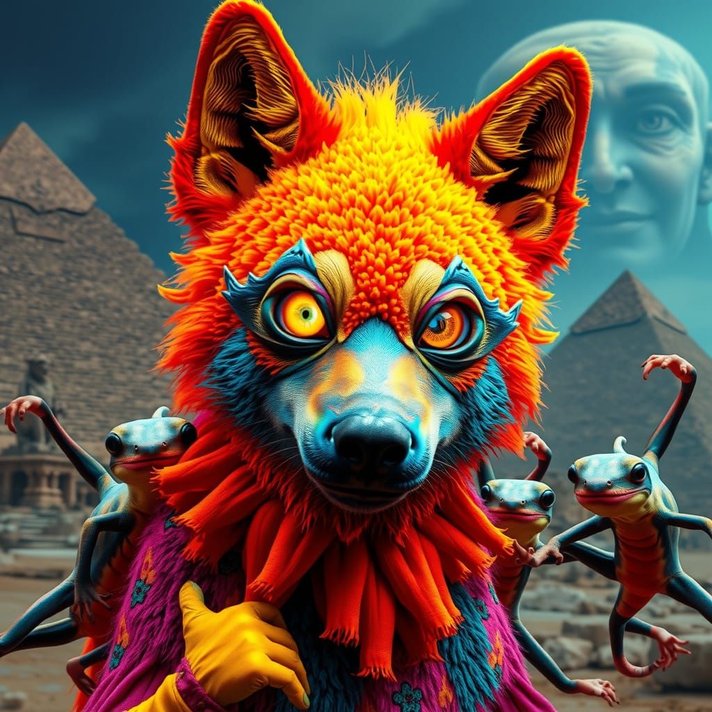 Multicolor Wolf Jester in Surreal, Dreamlike Landscape