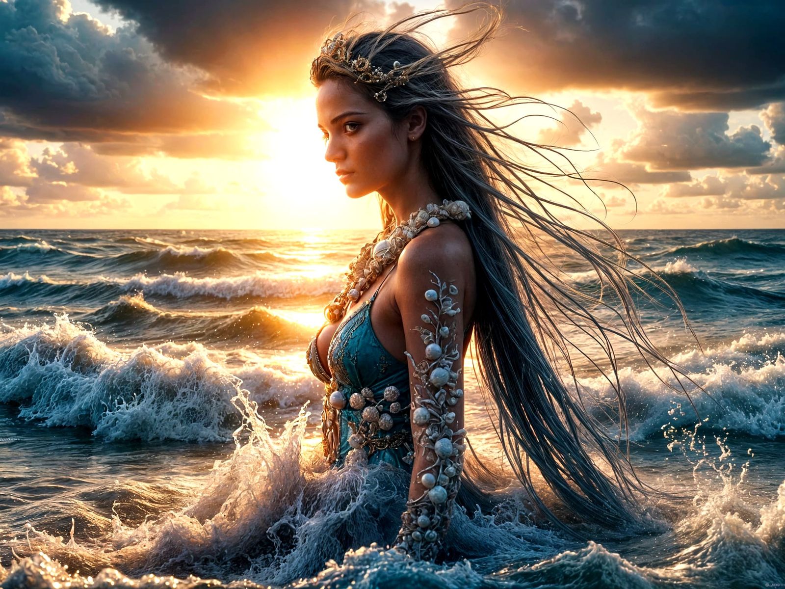 Sea Goddess Emerges from Ocean in Golden Light