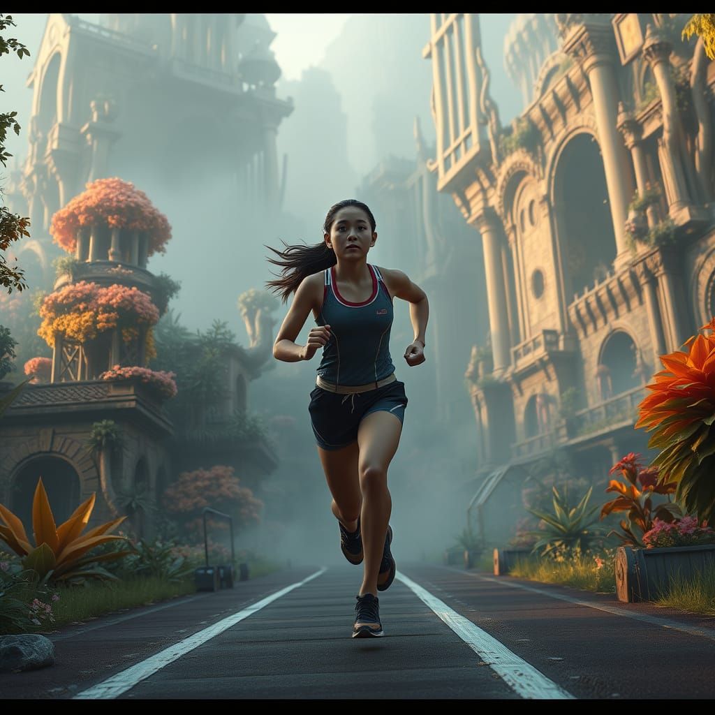 Girl Runner in Mystical Futuristic Landscape