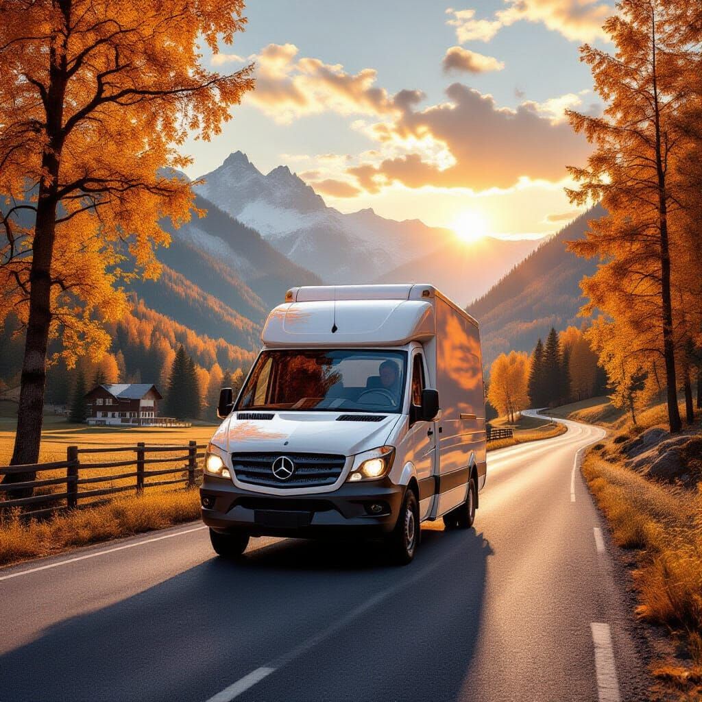 Sprinter Van Travels Through Four Seasons on Golden Hour Roa...