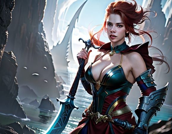 Epic Battle of a Red-Haired Heroine Against a Dark Sea Monst...