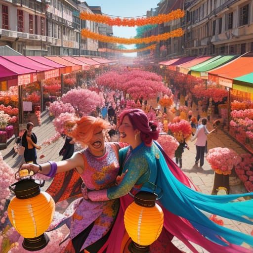 Vibrant Market Square Celebration in Whimsical Splashes