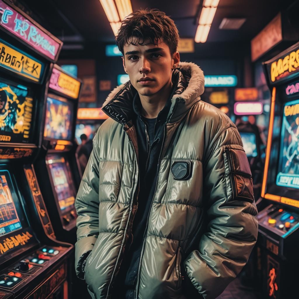 Teenager in Cyberpunk Arcade: 1980s Film Still