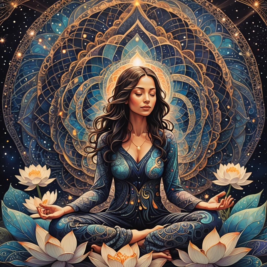 Meditating Woman in Zentangle Art with Galaxy Background
