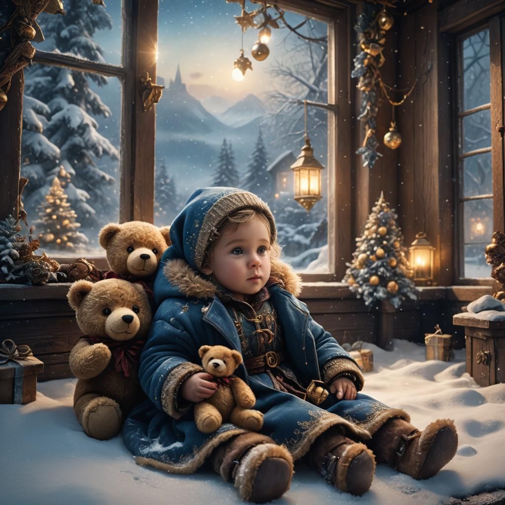 Christmas Fantasy Baby with Teddy Bear in Winter Wonderland