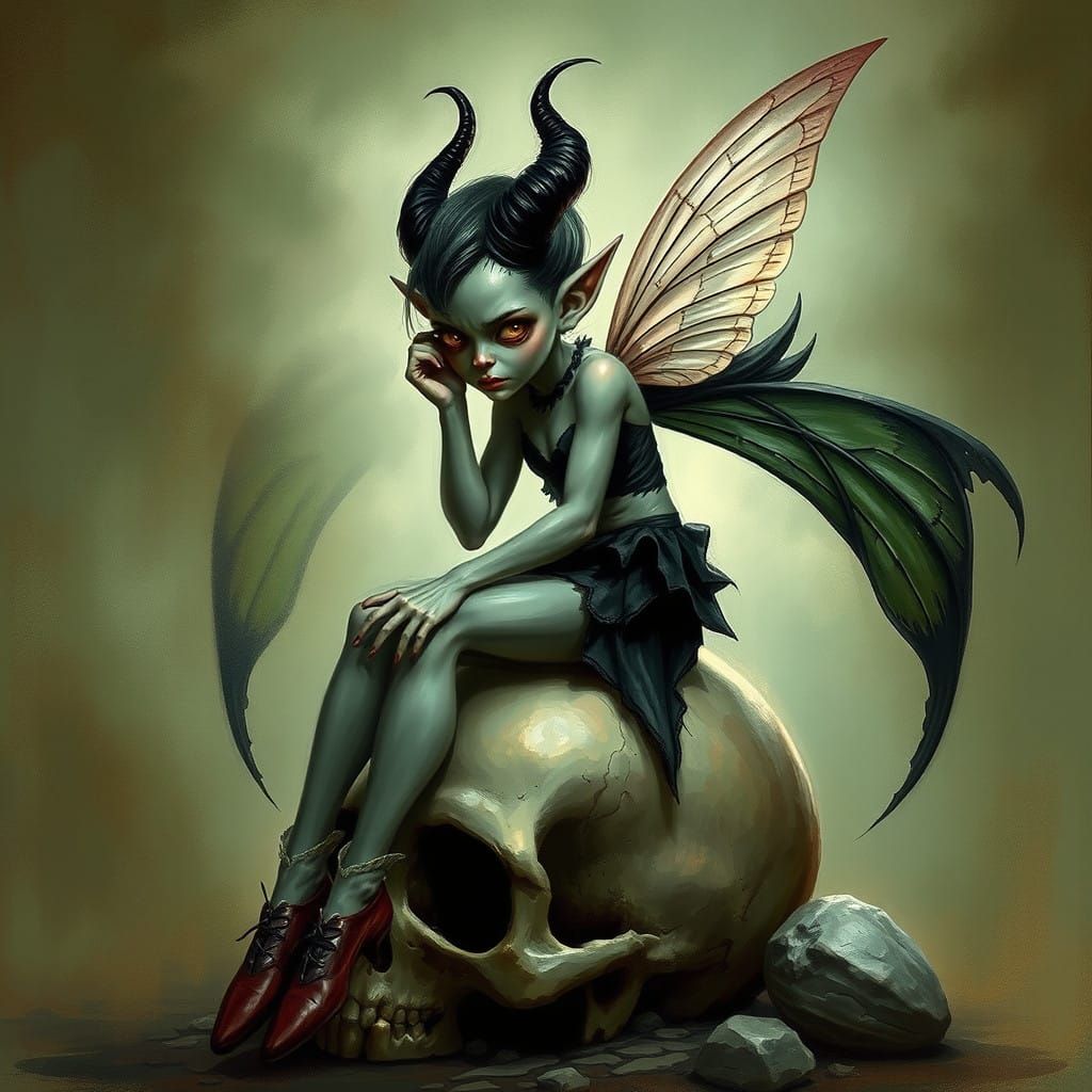 Whimsical Faerie Perched on a Skull in a Dark, Mysterious Se...
