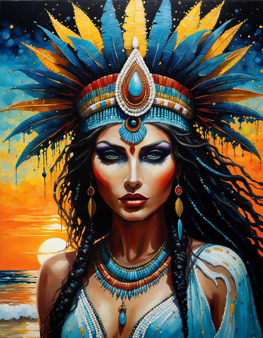 Alluring Tribal Priestess on Glowing Beach
