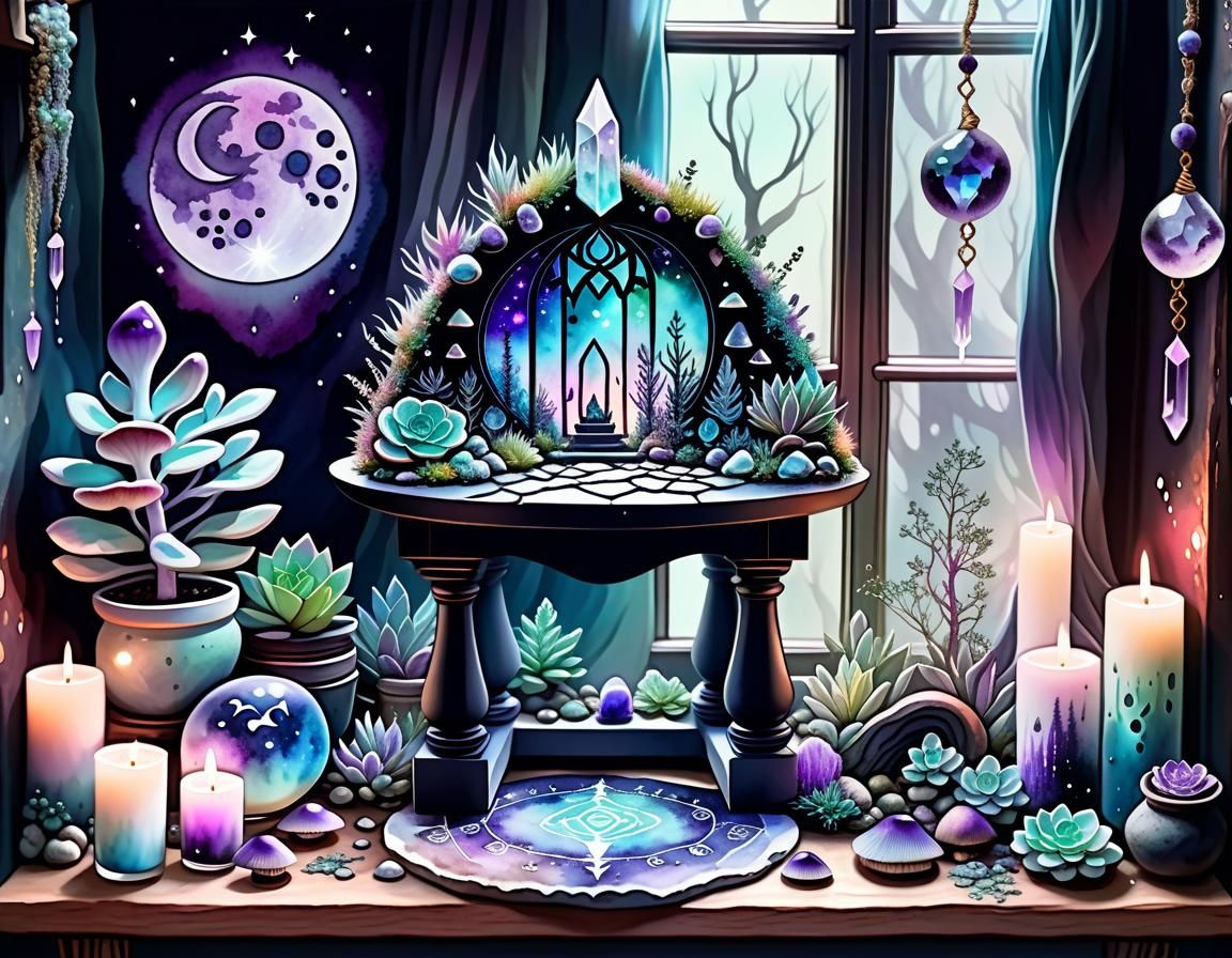 Goddess Altar with Succulents in Pastel Goth Watercolor
