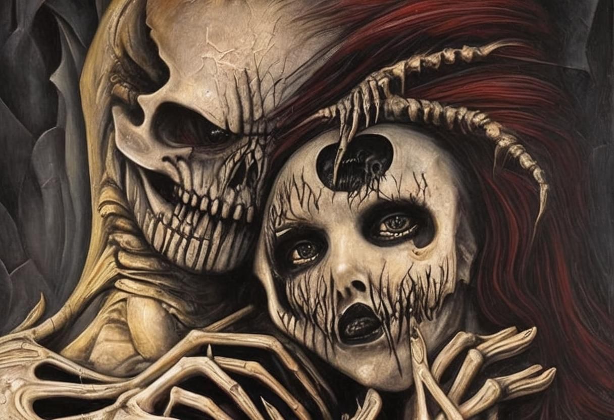 Passionate Embrace: Woman and Skeleton Demon in Giger Style