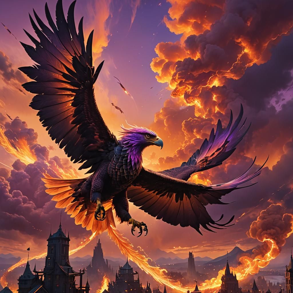 Dragon-Eagle Hybrid Soaring in Fiery Sky