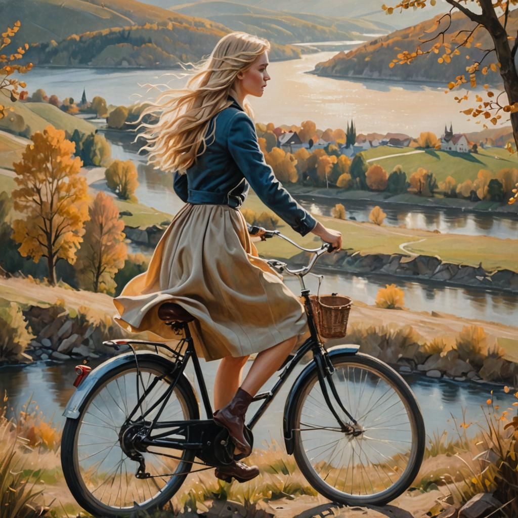 Girl on Bicycle: Impressionistic Oil Painting