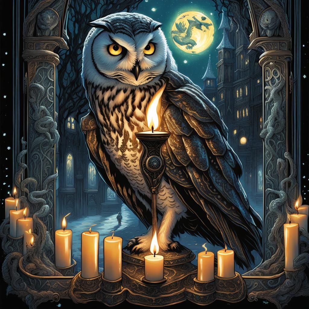 Lovecraftian Tarot Card: Snow Owl in Gothic Hall