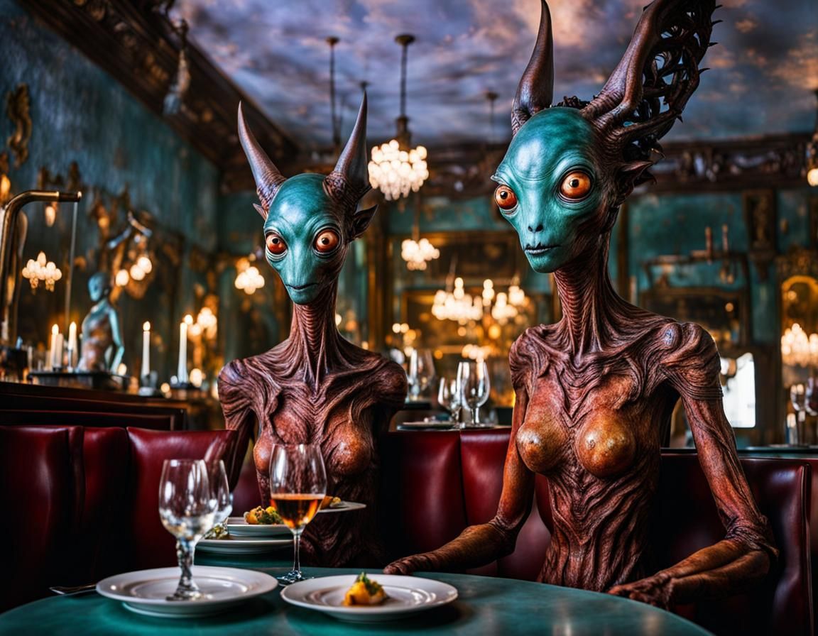 Surreal Restaurant Scene with Exotic Aliens in Hyperreal Pho...