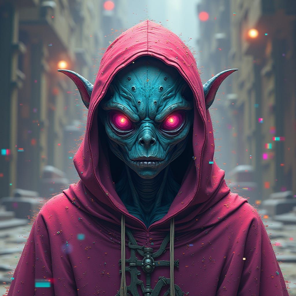 Glitched Alien Portrait in Comic Book Style