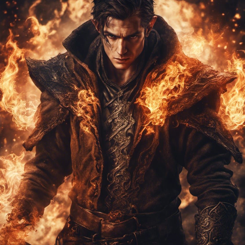 Half-Elf Warlock in Powerful Fire Setting
