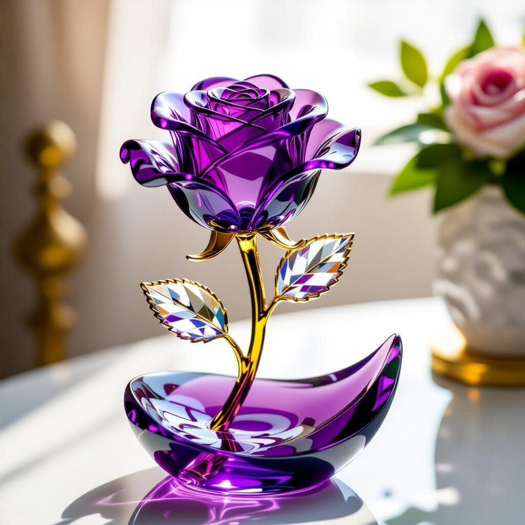 Elegant Purple Glass Rose Statue with Crystal Leaf and Gold ...