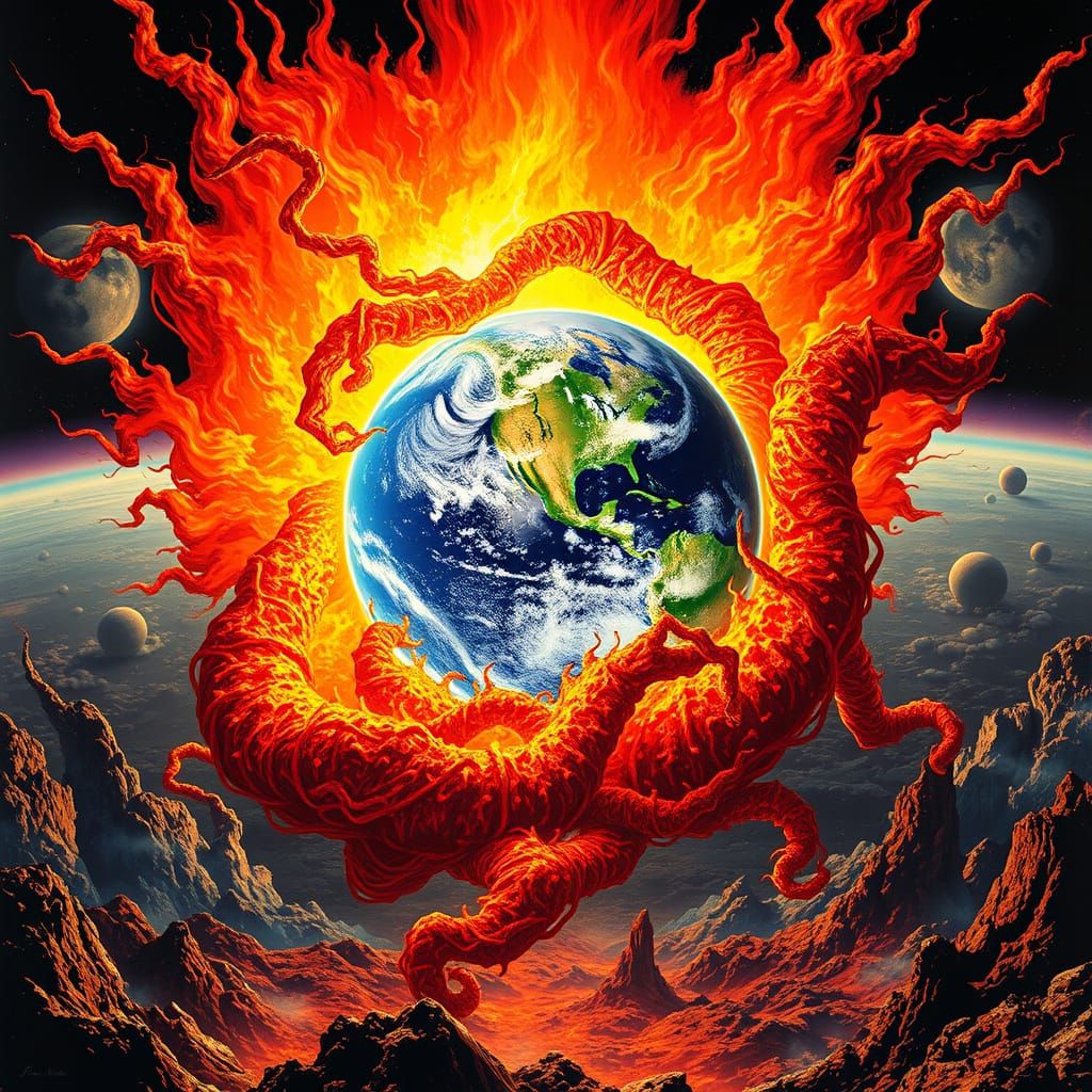 Cosmic Sun Devours the Earth in a Surreal, Futuristic Scene