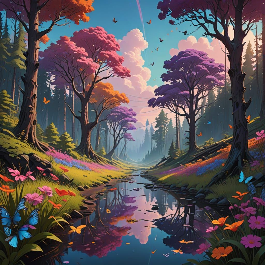 Rainbow Forest Twilight: Iridescent Trees and Lush Blooms